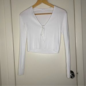 GARAGE White Front Tie Ribbed V Neck Sweater